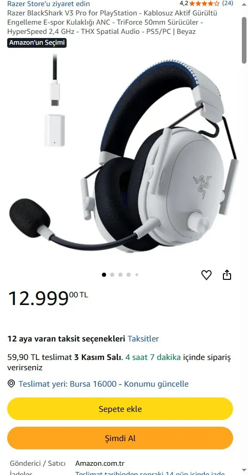 Razer BlackShark V3 Pro for PlayStation - Kablosuz Aktif Gürültü Engelleme E-spor Kulaklığı ANC - TriForce 50mm Sürücüler - HyperSpeed 2,4 GHz - THX Spatial Audio - PS5/PC | Beyaz