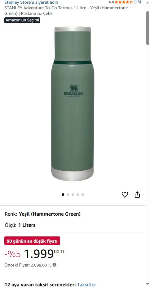 STANLEY Adventure To-Go Termos 1 Litre - Yeşil (Hammertone Green) | Paslanmaz Çelik