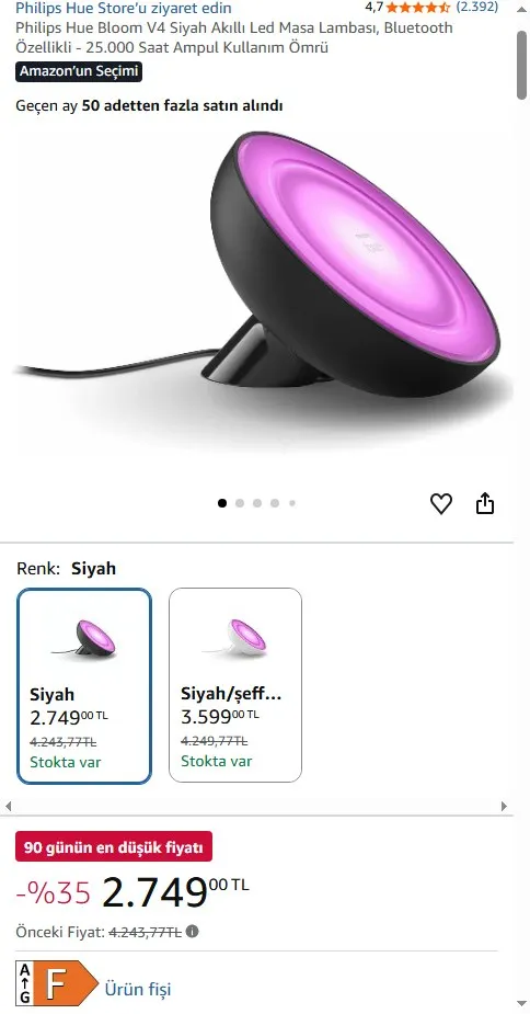 Philips Hue Bloom V4 Siyah Akıllı Led Masa Lambası, Bluetooth Özellikli - 25.000 Saat Ampul Kullanım Ömrü