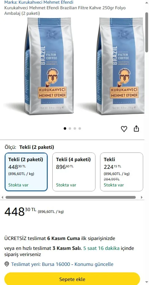 Kurukahveci Mehmet Efendi Brazilian Filtre Kahve 250gr Folyo Ambalaj (2 paketi)