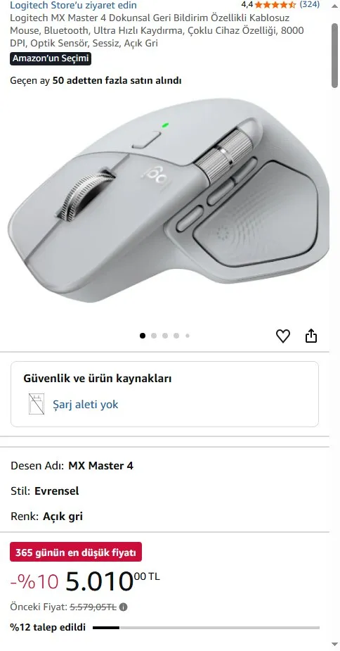 Logitech MX Master 4 Dokunsal Geri Bildirim Özellikli Kablosuz Mouse, Bluetooth, Ultra Hızlı Kaydırma, Çoklu Cihaz Özelliği, 8000 DPI, Optik Sensör, Sessiz, Açık Gri