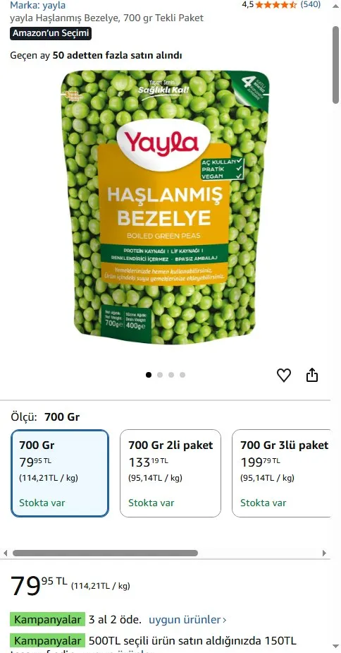 yayla Haşlanmış Bezelye, 700 gr Tekli Paket