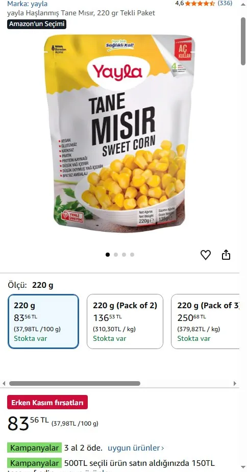 yayla Haşlanmış Tane Mısır, 220 gr Tekli Paket