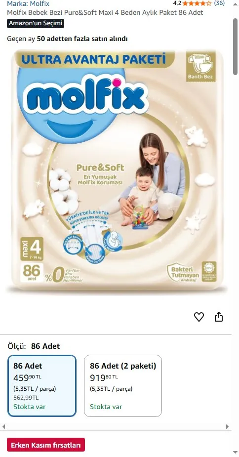Molfix Bebek Bezi Pure&Soft Maxi 4 Beden Aylık Paket 86 Adet