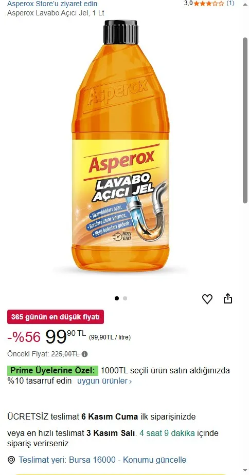 Asperox Lavabo Açıcı Jel, 1 Lt