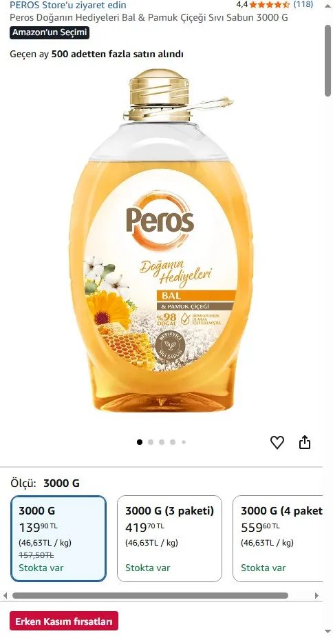 Peros Doğanın Hediyeleri Bal & Pamuk Çiçeği Sıvı Sabun 3000 G