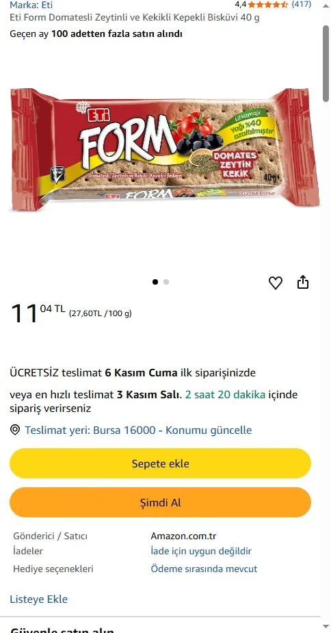 Eti Form Domatesli Zeytinli ve Kekikli Kepekli Bisküvi 40 g
