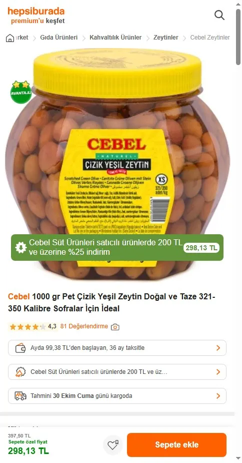 Cebel 1000 gr Pet Çizik Yeşil Zeytin Doğal ve Taze 321-350 Kalibre Sofralar İçin İdeal