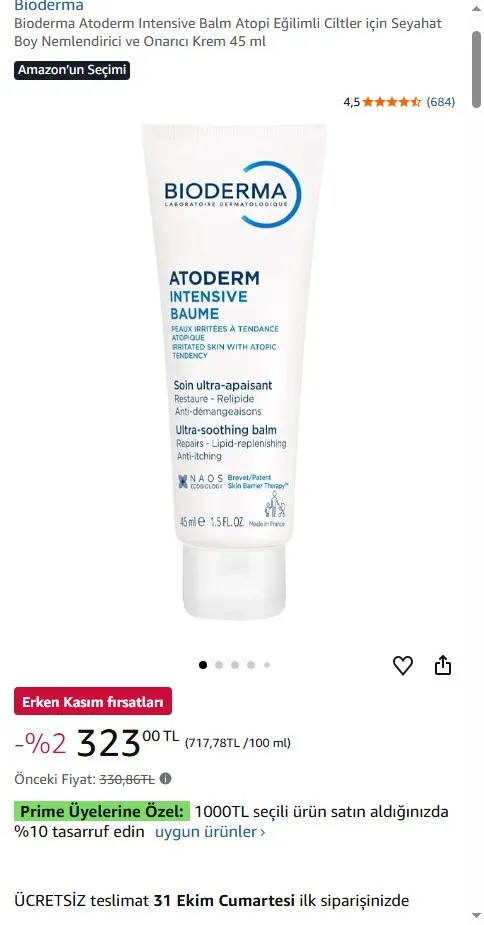 Bioderma Atoderm Intensive Balm Atopi Eğilimli Ciltler için Seyahat Boy Nemlendirici ve Onarıcı Krem 45 ml