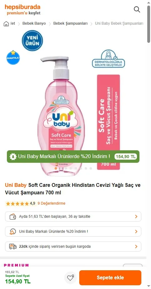 Uni Baby Soft Care Organik Hindistan Cevizi Yağlı Saç ve Vücut Şampuanı 700 ml