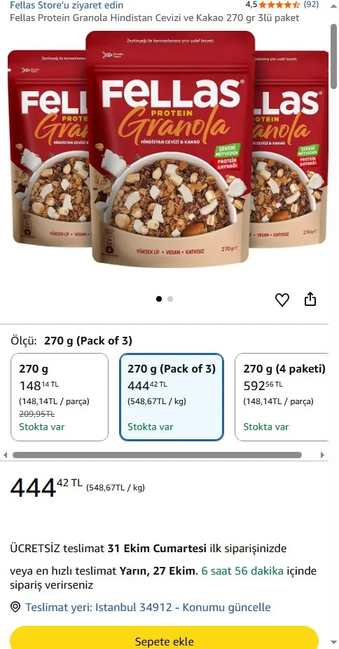 Fellas Protein Granola Hindistan Cevizi ve Kakao 270 gr 3lü paket