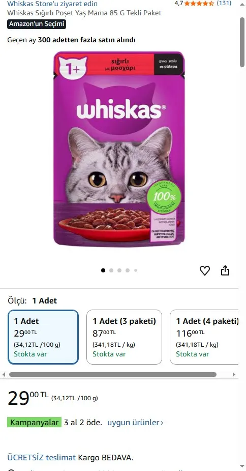 Whiskas Sığırlı Poşet Yaş Mama 85 G Tekli Paket