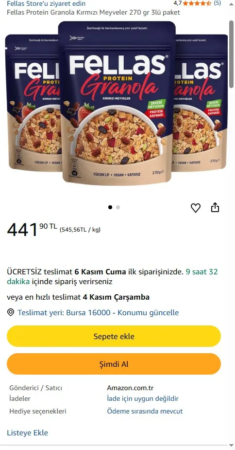 Fellas Protein Granola Kırmızı Meyveler 270 gr 3lü paket