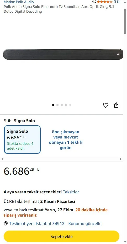 Polk Audio Signa Solo Bluetooth Tv Soundbar, Aux, Optik Giriş, 5.1 Dolby Digital Decoding