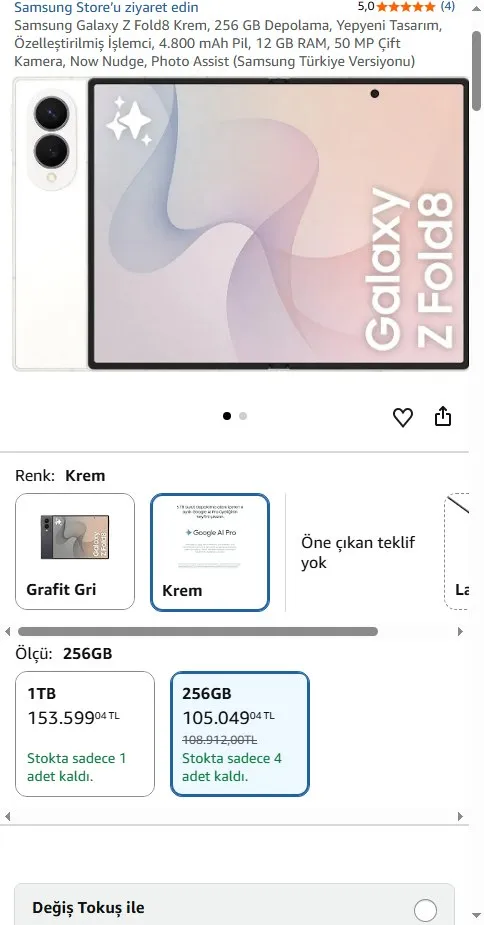 Samsung Galaxy Z Fold8 Krem, 256 GB Depolama, Yepyeni Tasarım, Özelleştirilmiş İşlemci, 4.800 mAh Pil, 12 GB RAM, 50 MP Çift Kamera, Now Nudge, Photo Assist (Samsung Türkiye Versiyonu)