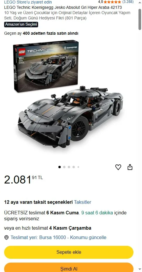 LEGO Technic Koenigsegg Jesko Absolut Gri Hiper Araba 42173