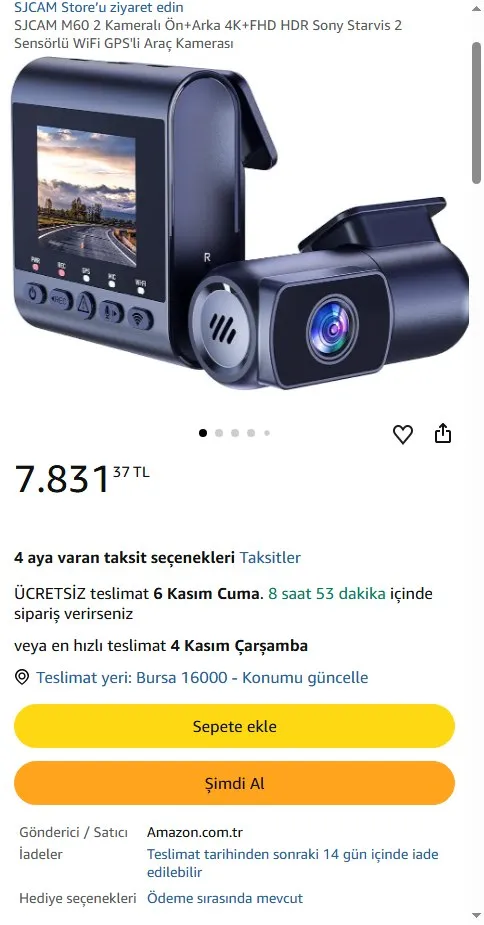 SJCAM M60 2 Kameralı Ön+Arka 4K+FHD HDR Sony Starvis 2 Sensörlü WiFi GPS'li Araç Kamerası