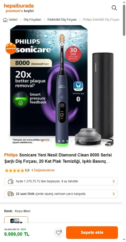 Philips Sonicare Yeni Nesil Diamond Clean 8000 Serisi Şarjlı Diş Fırçası, 20 Kat Plak Temizliği, Işıklı Basınç Sensörü, 15 Fırçalama Ayarı, 14 Gün Şarj Süresi, Koyu Mavi, HX8311/13