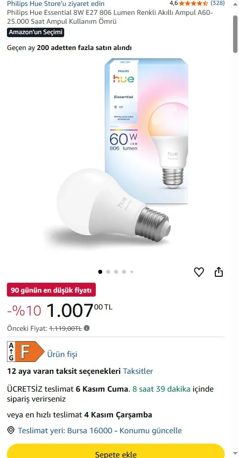 Philips Hue Essential 8W E27 806 Lumen Renkli Akıllı Ampul A60-25.000 Saat Ampul Kullanım Ömrü