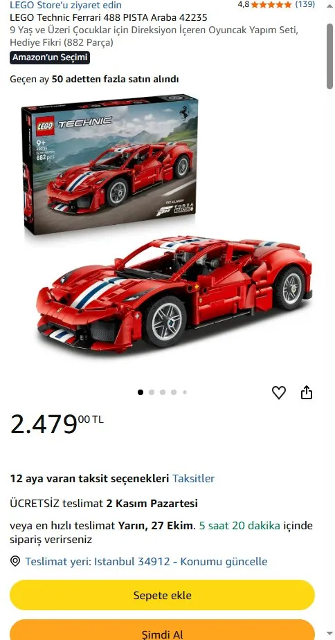 LEGO Technic Ferrari 488 PISTA Araba 42235