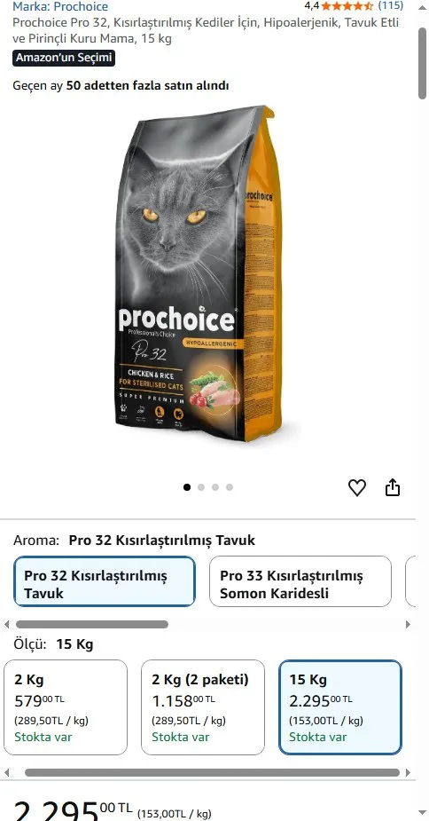 Prochoice Pro 32, Kısırlaştırılmış Kediler İçin, Hipoalerjenik, Tavuk Etli ve Pirinçli Kuru Mama, 15 kg