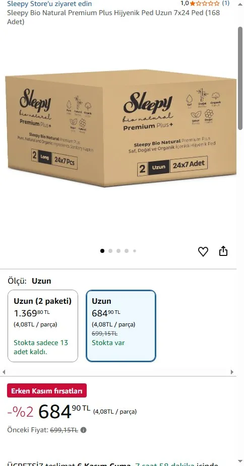Sleepy Bio Natural Premium Plus Hijyenik Ped Uzun 7x24 Ped (168 Adet)