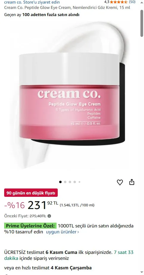 Cream Co. Peptide Glow Eye Cream, Nemlendirici Göz Kremi, 15 ml
