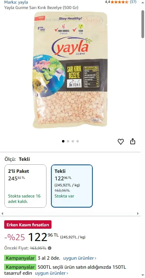 Yayla Gurme Sarı Kırık Bezelye (500 Gr)