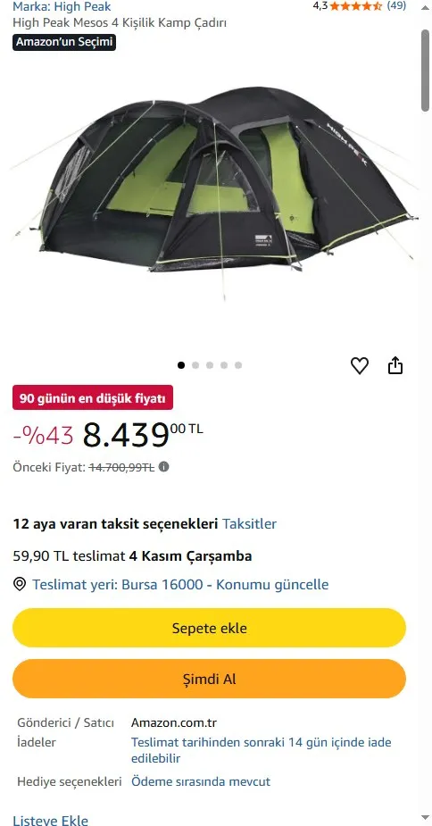 High Peak Mesos 4 Kişilik Kamp Çadırı