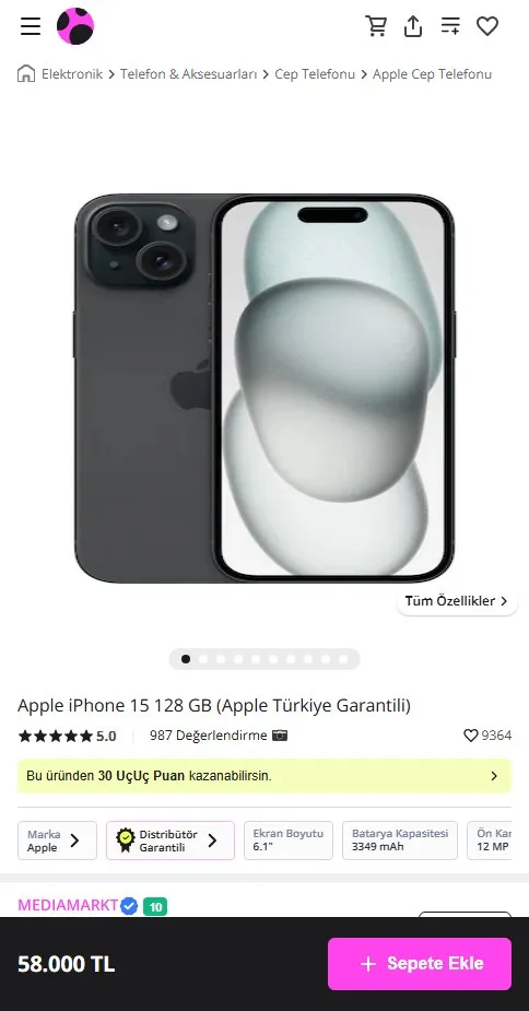 Apple iPhone 15 128 GB (Apple Türkiye Garantili)