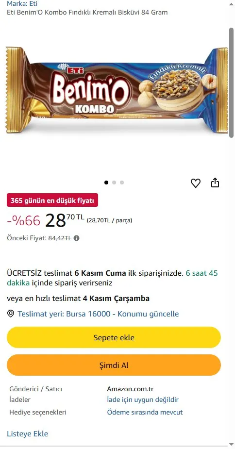 Eti Benim'O Kombo Fındıklı Kremalı Bisküvi 84 Gram