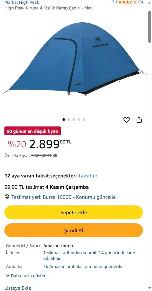 High Peak Kiruna 4 Kişilik Kamp Çadırı - Mavi