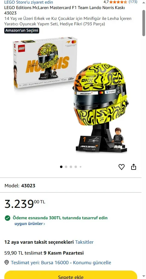 LEGO Editions McLaren Mastercard F1 Team Lando Norris Kaskı 43023