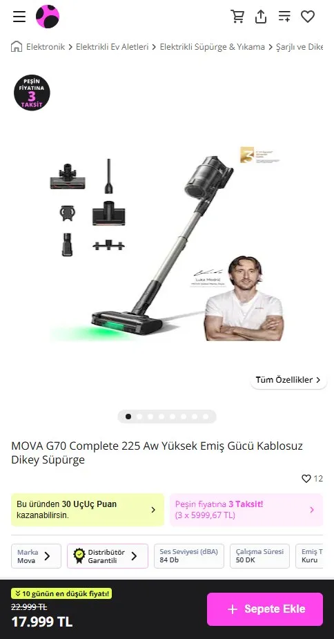 MOVA G70 Complete 225 Aw Yüksek Emiş Gücü Kablosuz Dikey Süpürge