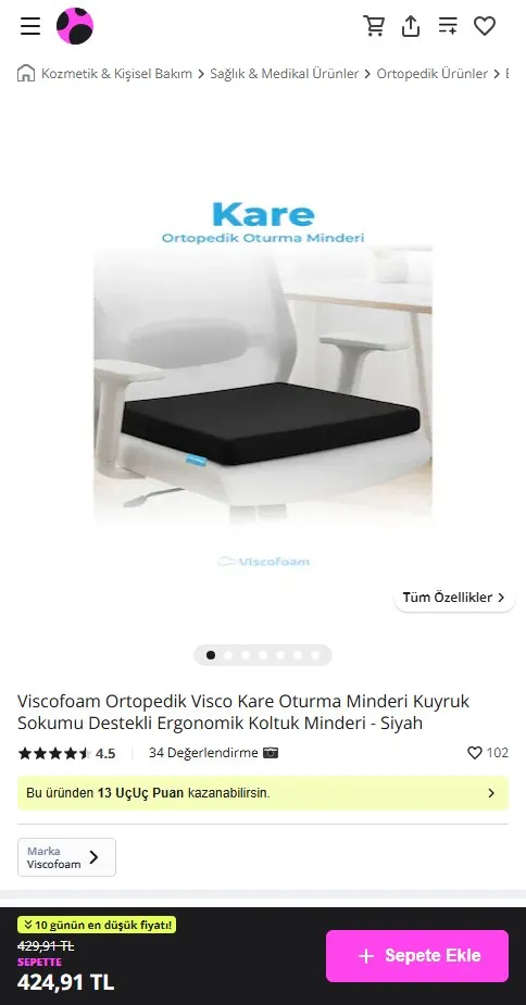Viscofoam Ortopedik Visco Kare Oturma Minderi Kuyruk Sokumu Destekli Ergonomik Koltuk Minderi - Siyah