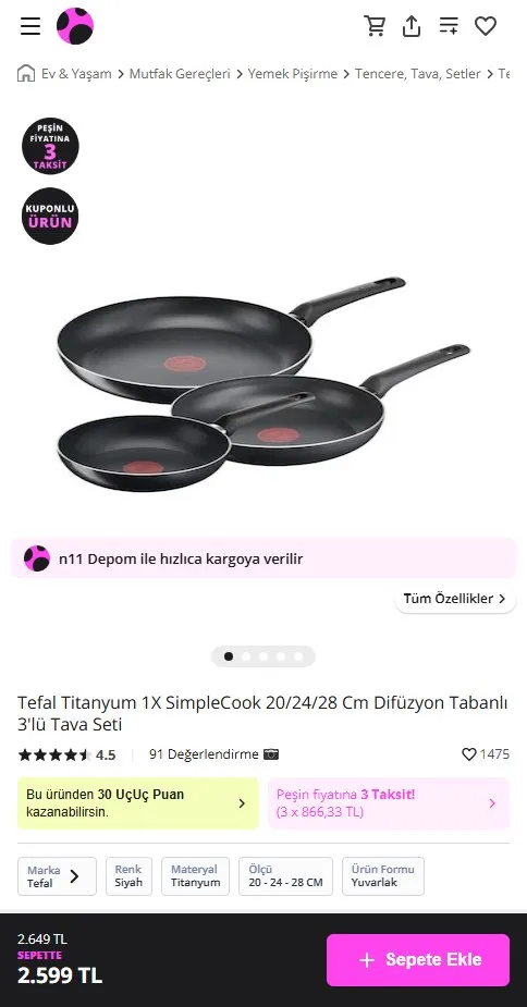 Tefal Titanyum 1X SimpleCook 20/24/28 Cm Difüzyon Tabanlı 3'lü Tava Seti