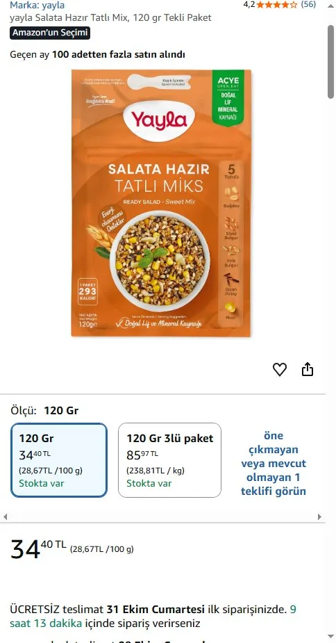 yayla Salata Hazır Tatlı Mix, 120 gr Tekli Paket