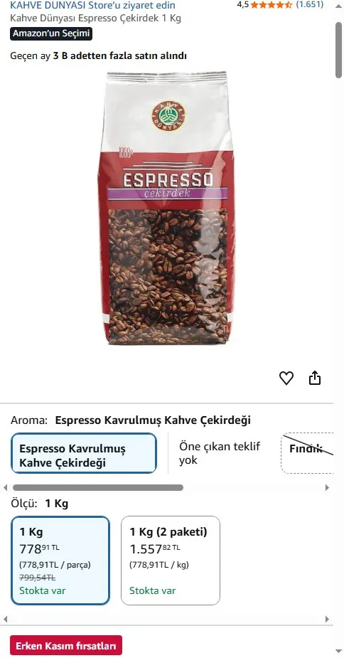 Kahve Dünyası Espresso Çekirdek 1 Kg
