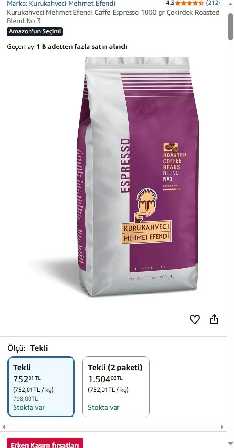 Kurukahveci Mehmet Efendi Caffe Espresso 1000 gr Çekirdek Roasted Blend No 3