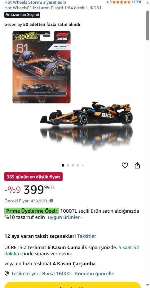 Hot WheelsF1 McLaren Piastri 1:64 ölçekli, JKD81