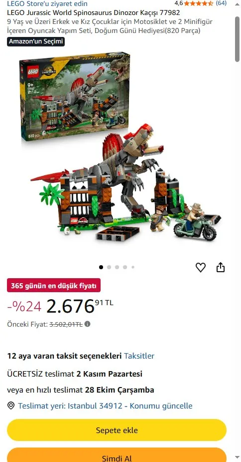 LEGO Jurassic World Spinosaurus Dinozor Kaçışı 77982