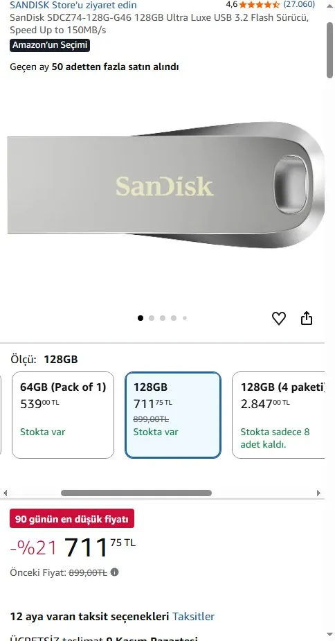 SanDisk SDCZ74-128G-G46 128GB Ultra Luxe USB 3.2 Flash Sürücü, Speed Up to 150MB/s