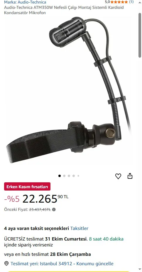 Audio-Technica ATM350W Nefesli Çalgı Montaj Sistemli Kardioid Kondansatör Mikrofon