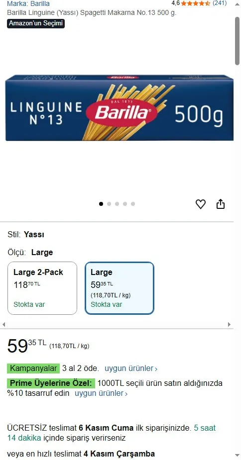 Barilla Linguine (Yassı) Spagetti Makarna No.13 500 g.