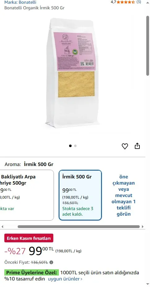 Bonatelli Organik İrmik 500 Gr