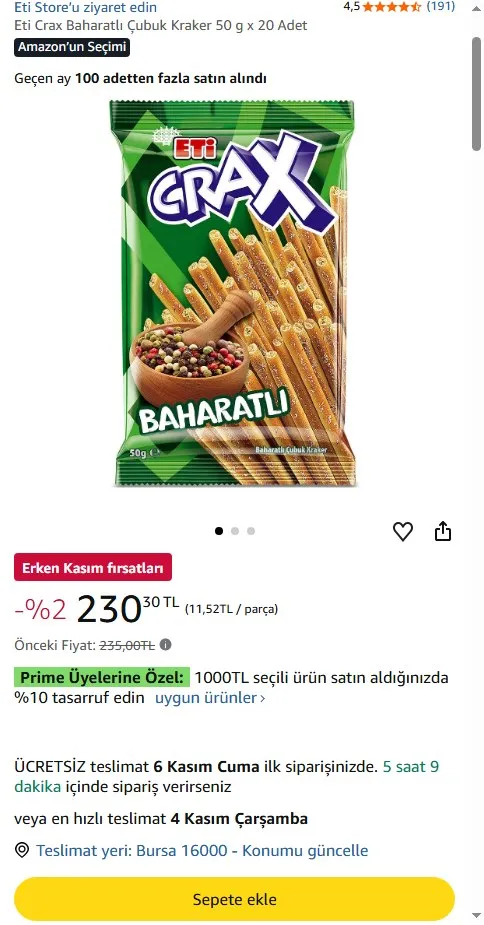Eti Crax Baharatlı Çubuk Kraker 50 g x 20 Adet