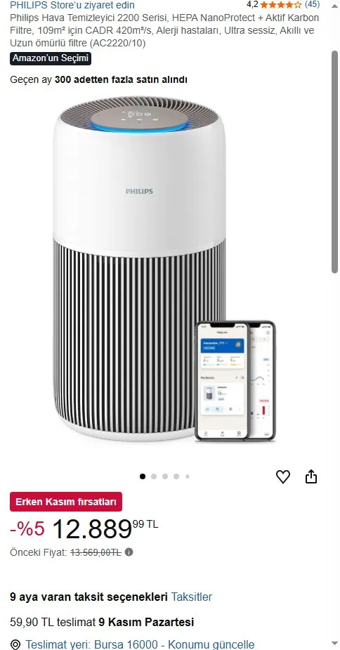 Philips Hava Temizleyici 2200 Serisi, HEPA NanoProtect + Aktif Karbon Filtre, 109m² için CADR 420m³/s, Alerji hastaları, Ultra sessiz, Akıllı ve Uzun ömürlü filtre (AC2220/10)