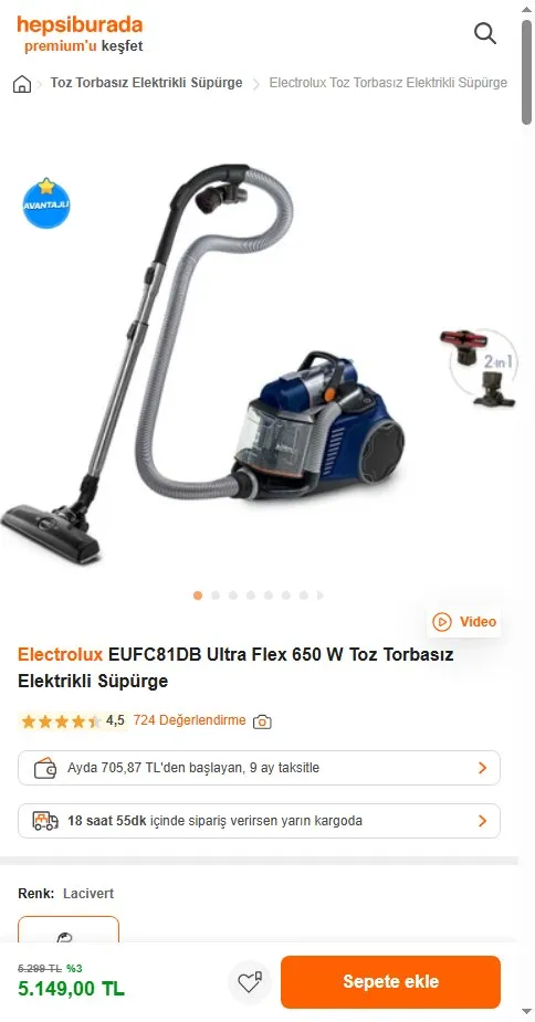 Electrolux EUFC81DB Ultra Flex 650 W Toz Torbasız Elektrikli Süpürge