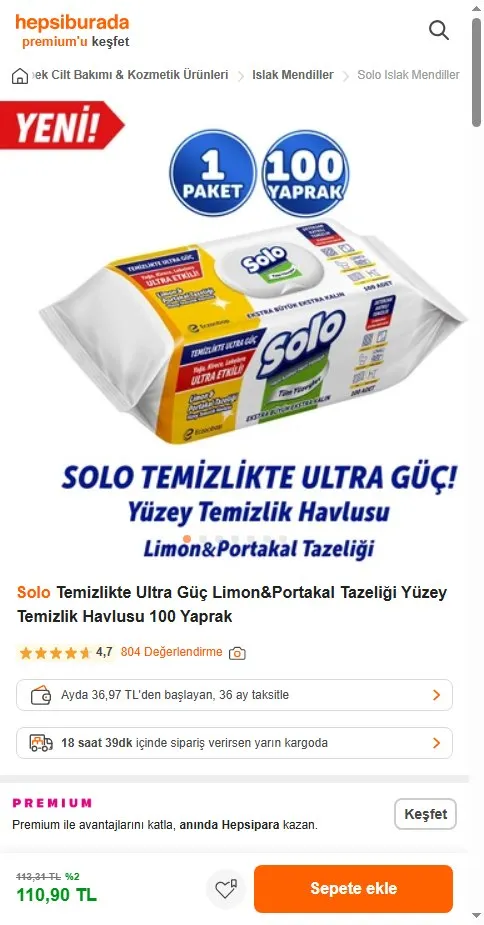 Solo Temizlikte Ultra Güç Limon&Portakal Tazeliği Yüzey Temizlik Havlusu 100 Yaprak
