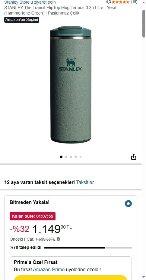 STANLEY The Transit FlipTop Mug Termos 0.35 Litre - Yeşil (Hammertone Green) | Paslanmaz Çelik